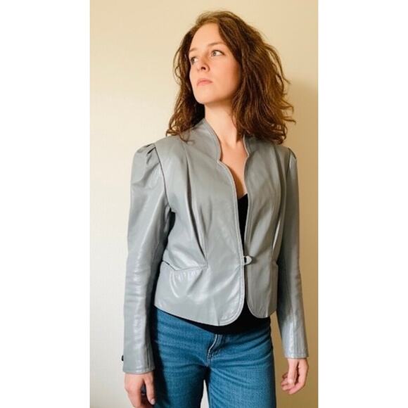 Vintage Foxmoor Women's Leather Blazer Jacket Gray Fitted Sz 7 Retro 80s - Picture 1 of 8